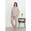 Moda Çizgi Kadın Büyük Beden Pamuklu Cepli Düğmeli Krem Pijama Takım 202506