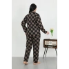 Moda Çizgi Kadın Büyük Beden Pamuklu Cepli Düğmeli Siyah Pijama Takım 202506