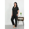 Moda Çizgi Kadın Büyük Beden Pamuklu Cepli Düğmeli Siyah Pijama Takım 202507