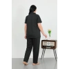 Moda Çizgi Kadın Büyük Beden Pamuklu Cepli Düğmeli Siyah Pijama Takım 202507
