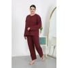 Moda Çizgi Kadın Büyük Beden Uzun Kol Penye Pijama Takımı Bordo 202501