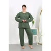 Moda Çizgi Kadın Büyük Beden Uzun Kol Penye Pijama Takımı Haki 202501