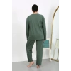 Moda Çizgi Kadın Büyük Beden Uzun Kol Penye Pijama Takımı Haki 202501