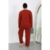 Moda Çizgi Kadın Büyük Beden Uzun Kol Penye Pijama Takımı Kiremit 202501