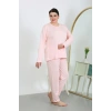 Moda Çizgi Kadın Büyük Beden Uzun Kol Penye Pijama Takımı Pembe 202501