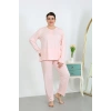 Moda Çizgi Kadın Büyük Beden Uzun Kol Penye Pijama Takımı Pembe 202501