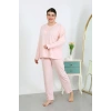 Moda Çizgi Kadın Büyük Beden Uzun Kol Penye Pijama Takımı Pembe 202501