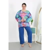 Moda Çizgi Kadın Büyük Beden Uzun Kol Penye Pijama Takımı Saks 202503