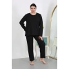 Moda Çizgi Kadın Büyük Beden Uzun Kol Penye Pijama Takımı Siyah 202501