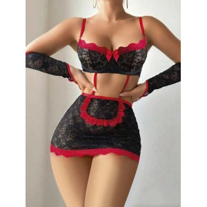 5 parça Kırmızı Siyah Dantel Çiçek Desen Hizmetçi Model Özel Fantezi Tanga Hediyeli 2043