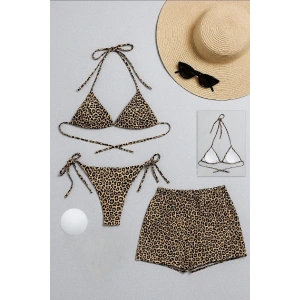 Kadın 3lü Set Leopar Desenli Şortlu ve Yandan Bağlamalı Bikini Mayo Takımı