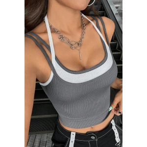 Kadın Antrasit Gri Beyaz Çift Renk Çapraz Askılı Crop Top Bluz