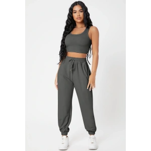 Kadın Antrasit Gri Kaşkorse Cepli Jogger Eşofman Altı ve Crop Top Bluz