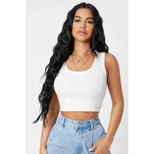 Kadın Beyaz Kare Yaka Crop Top Bluz