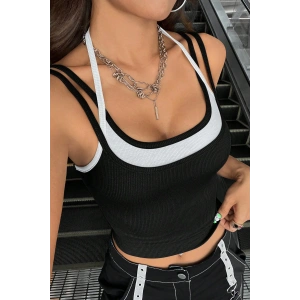 Kadın Beyaz Siyah Çift Renk Çapraz Askılı Crop Top Bluz