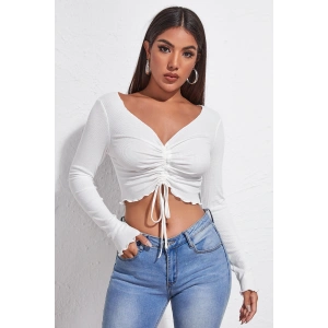 Kadın Beyaz Uzun Kollu Büzdürme Bağcık Detaylı Crop Top Bluz