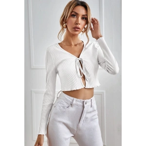 Kadın Beyaz Uzun Kollu Önden Bağlama Detaylı Crop Top Bluz