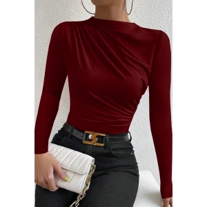 Kadın Bordo Belden ve Boyundan Büzgü Detaylı Uzun Kollu Bluz