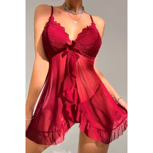 Kadın Bordo Dantelli, Fırfırlı Tül ve Fiyonk Detaylı Tangalı Gecelik Takımı