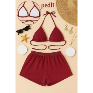 Kadın Bordo Şortlu Belden ve Boyundan Bağlamalı Bikini Takımı