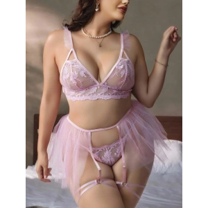 Kadın Büyük Beden Pembe Seksi Tasarım  Fantezi Jartiyer Takımı 8017