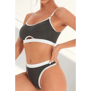 Kadın Gri Antrasit Kaşkorse ve Beyaz Lastikli Cut-Out Tanga Külotlu Takım