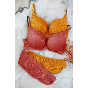 Kadın Hardal Ve Kiremit Rengi Dolgulu Balenli Sütyen Külot 2li Paket