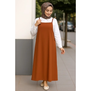 Kadın Kahverengi Basic Ayarlanabilir Askılı Jile Elbise