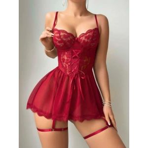 Kadın Kırmızı Dantel Detaylı Bağlamalı Fantezi Kostüm 2248