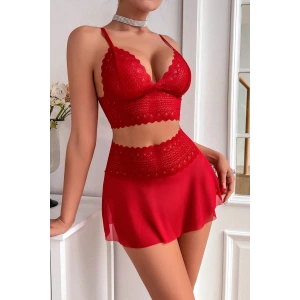 Kadın Kırmızı Dantel ve Tül Detaylı Etekli Şık Gecelik Takımı