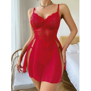 Kadın Kırmızı Fantezi Gecelik Tül Fiyonk detaylı Yanları Dekolteli 2160