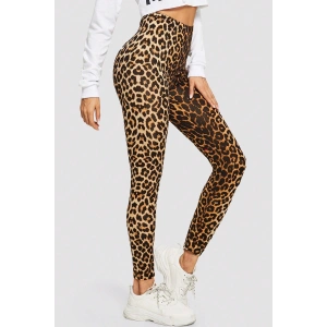 Kadın Leopar Desenli Yüksek Bel Dar Kesim Esnek Tayt
