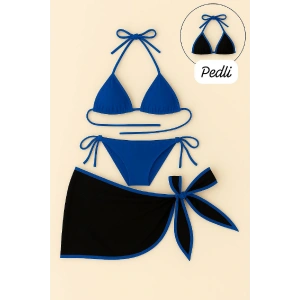 Kadın Mavi Pareolu Yandan ve Boyundan Bağlamalı 3lü Bikini Takımı