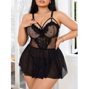 Kadın Nakışlı Siyah Gotik İp Askılı Büyük Beden Tüllü Transparan Fantezi Gecelik 8007