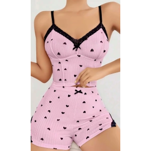 Kadın Pembe Kalp Desenli Askılı Şortlu Pijama Takım 5013