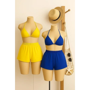 Kadın Sarı ve Mavi Şortlu Belden ve Boyundan Bağlamalı Bikini Takımı