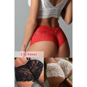 Kadın Siyah Beyaz Kırmızı 3lü Paket Dantel Tanga Şort Külot