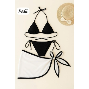 Kadın Siyah Beyaz Pareolu Yandan ve Boyundan Bağlamalı 3lü Bikini Takımı