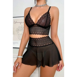 Kadın Siyah Dantel ve Tül Detaylı Etekli Şık Gecelik Takımı