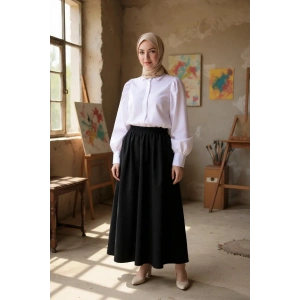 Kadın Siyah Double Kumaş Beli Lastikli Cepli Etek