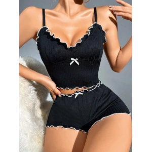 Kadın Siyah Fitilli Askılı Şortlu Pijama Takım 5042