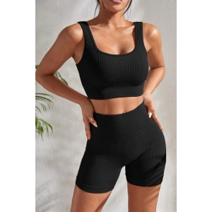 Kadın Siyah Kalın Askılı Yüksek Bel Şortlu Gecelik Takımı