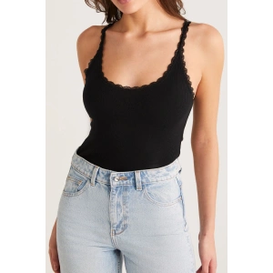 Kadın Siyah Normal Kalıp Dantel Detalı Ince Askılı Oyuk Yaka Atlet