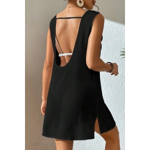 Kadın Siyah Sırt Detaylı Yırtmaçlı Plaj Elbisesi Pareo