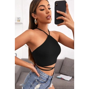 Kadın Siyah Sırtı Açık Boyundan Çapraz Bağlamalı Crop Top Bluz