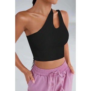 Kadın Siyah Tek Omuz Cut Out Detaylı Crop Top Bluz