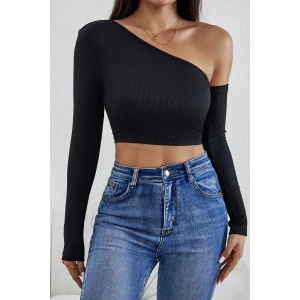 Kadın Siyah Tek Omuz Detaylı Uzun Kol Crop Top Bluz