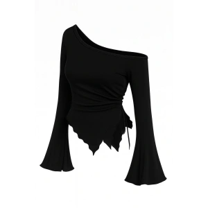 Kadın Siyah Uzun İspanyol Kollu Asimetirik Yaka Yandan Bağlamalı Drapeli Bluz