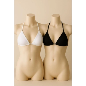 Kadın Siyah ve Beyaz Minimal Kesim Üçgen Bikini Üstü