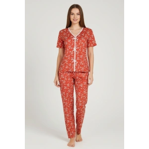 Kadın Turuncu Kalp Desenli Fiyonklu Kısa Kollu Uzun Pijama Takımı